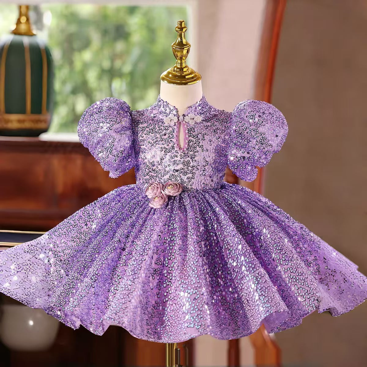 Girls Purple Sequin Party Dress with Puff Sleeves & 3D Flower Waist D244