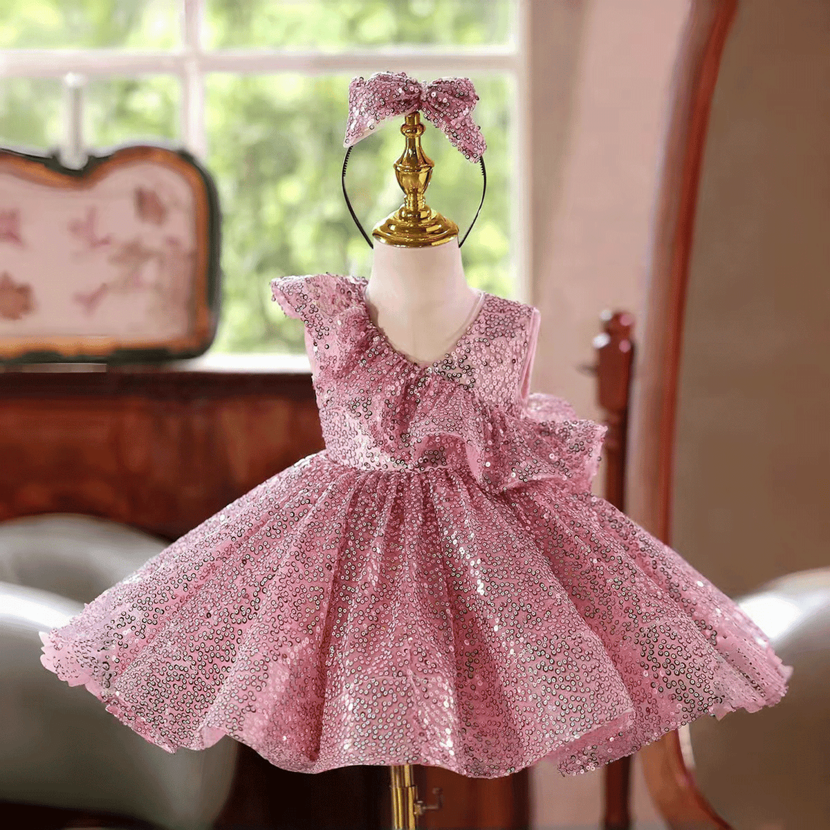 Girls' Dazzling Pink Sequin Ball Gown - Sparkly Party Dress Set with Matching Headband D246