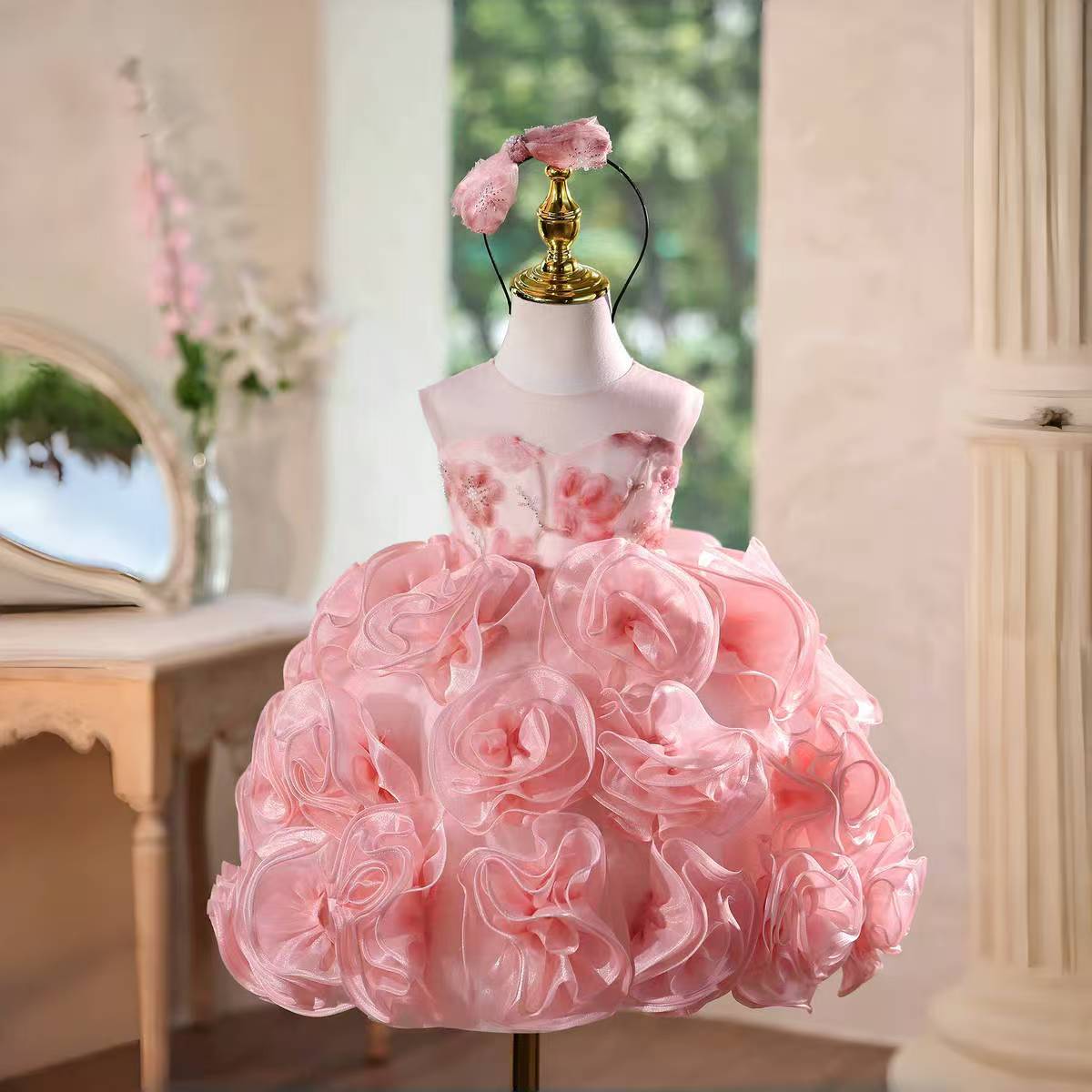 Luxury Pink Princess Girl Dress Kids Wedding Birthday Party Gown J589