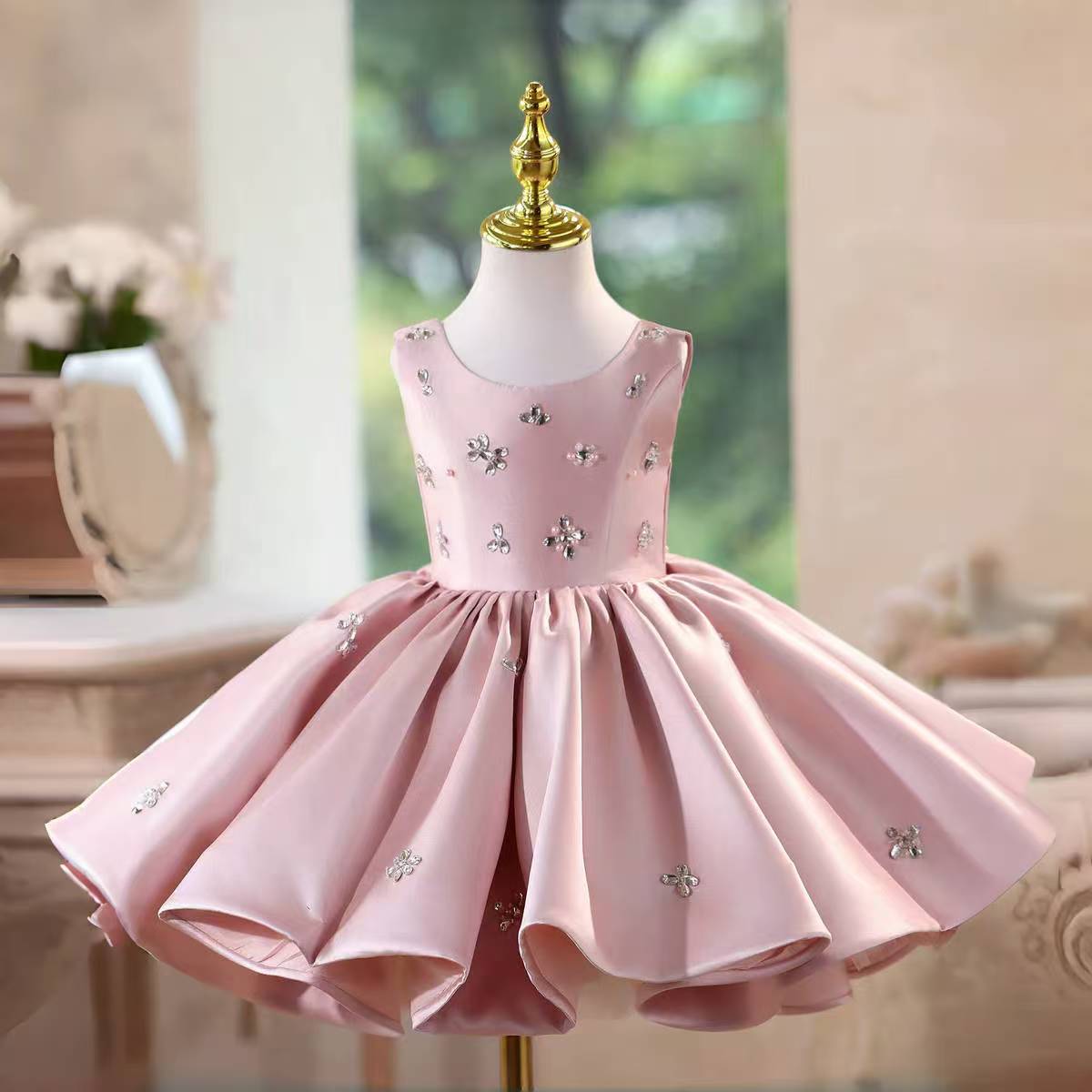 Pink Satin Crystal Girl Dress Knee Length Birthday Party Gown D156