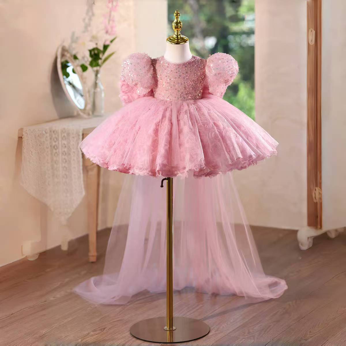 Luxury Pink Flower Girl Dress Wedding Birthday Party Gown D160