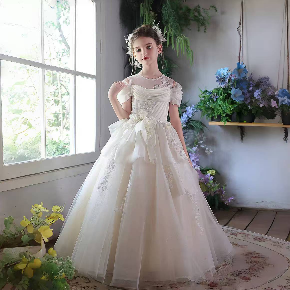 Luxury White Girl Dress Off Shoulder Princess Birthday Pageant Gown J276