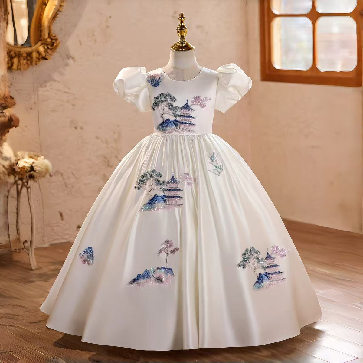 Girls' A-Line Gown featuring Traditional Pagoda & Mountain Motifs J607