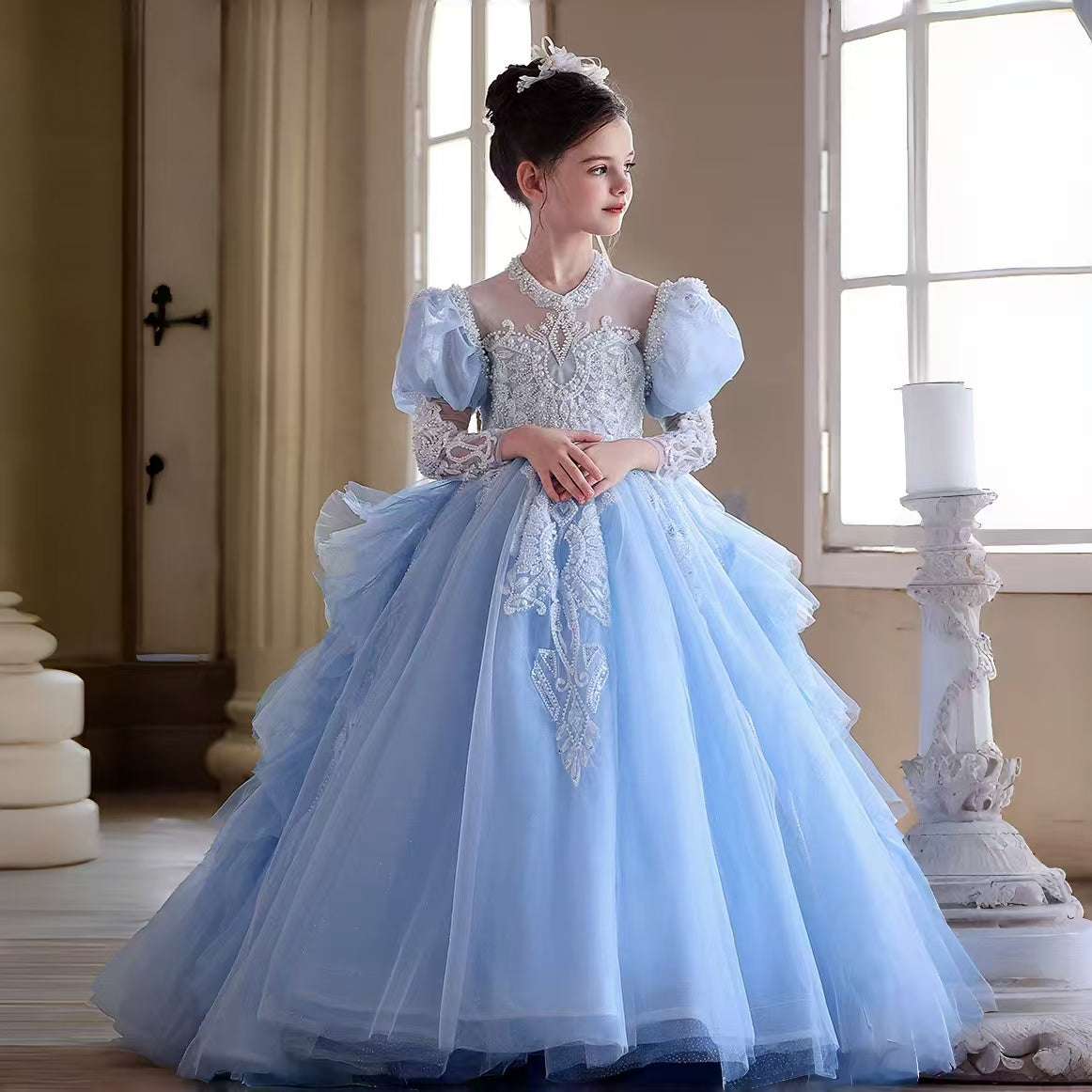 Luxury Blue Girl Dress Princess Kids Birthday Pageant Gown J190