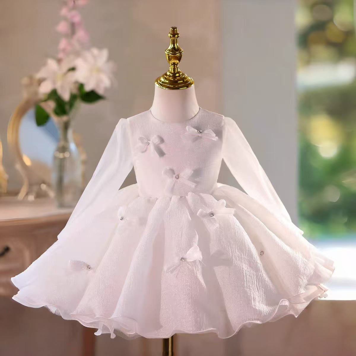 White Flower Girl Dress Knee Length Princess Birthday Party Gown D030