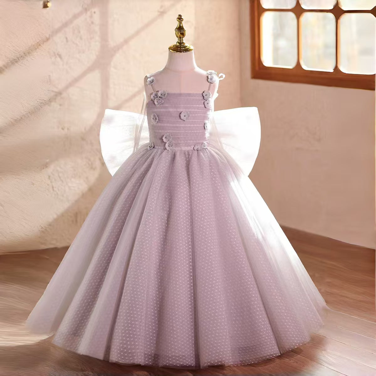 Lilac Princess Girl Dress with Bow Birthday Pageant Party Gown D224