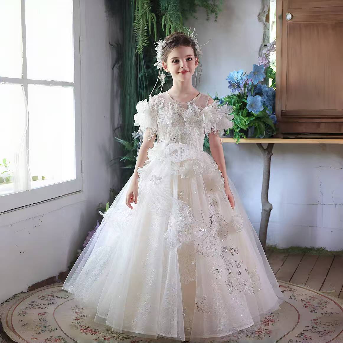 Luxury Girl Dress Lace Princess Kids Birthday Pageant Gown J303