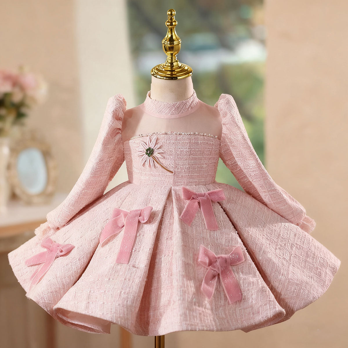 Pink Girl Dress Long Sleeve Knee Length Princess Birthday Gown D205