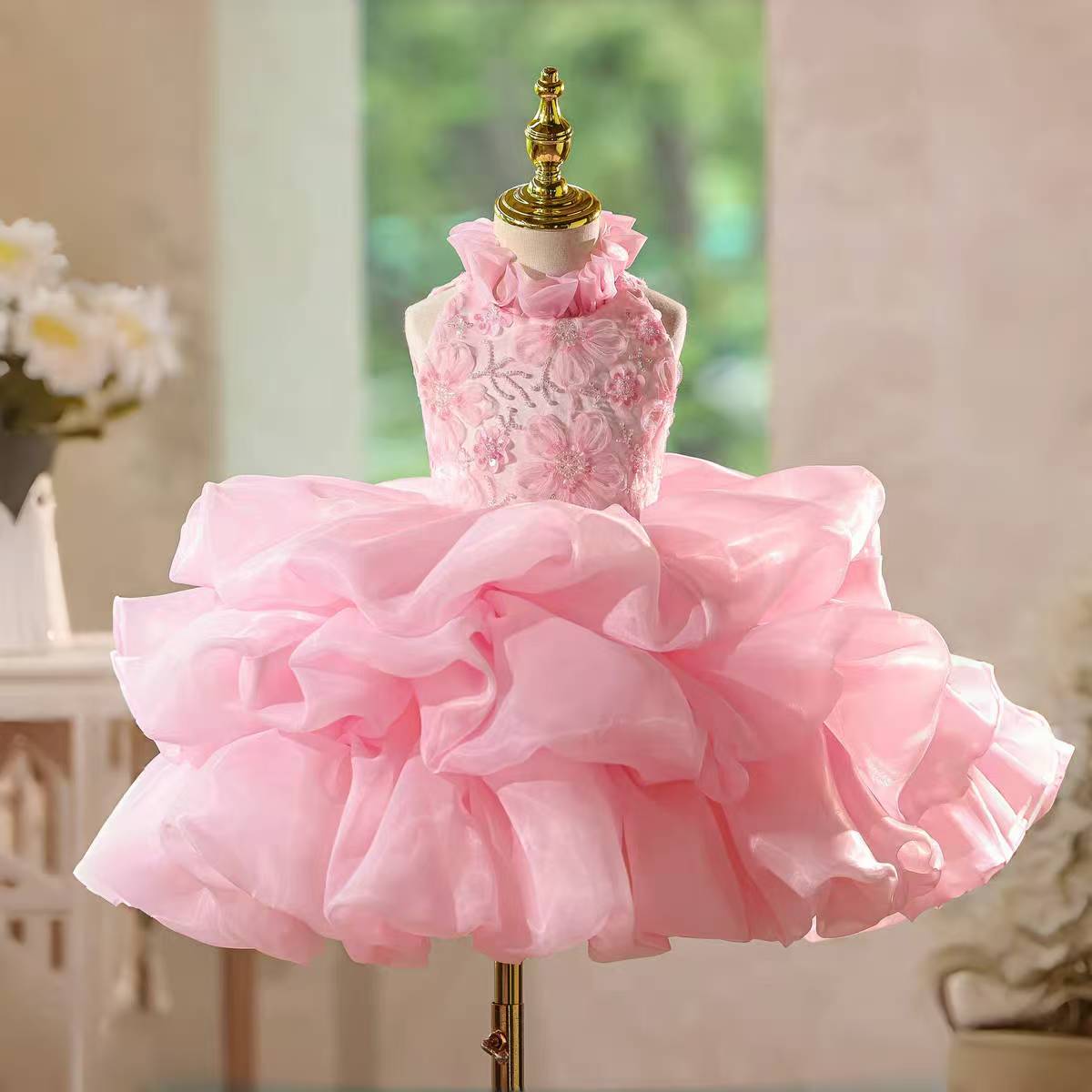 Pink Girl Dress Flowers Kids Princess Birthday Party Pageant Gown J595