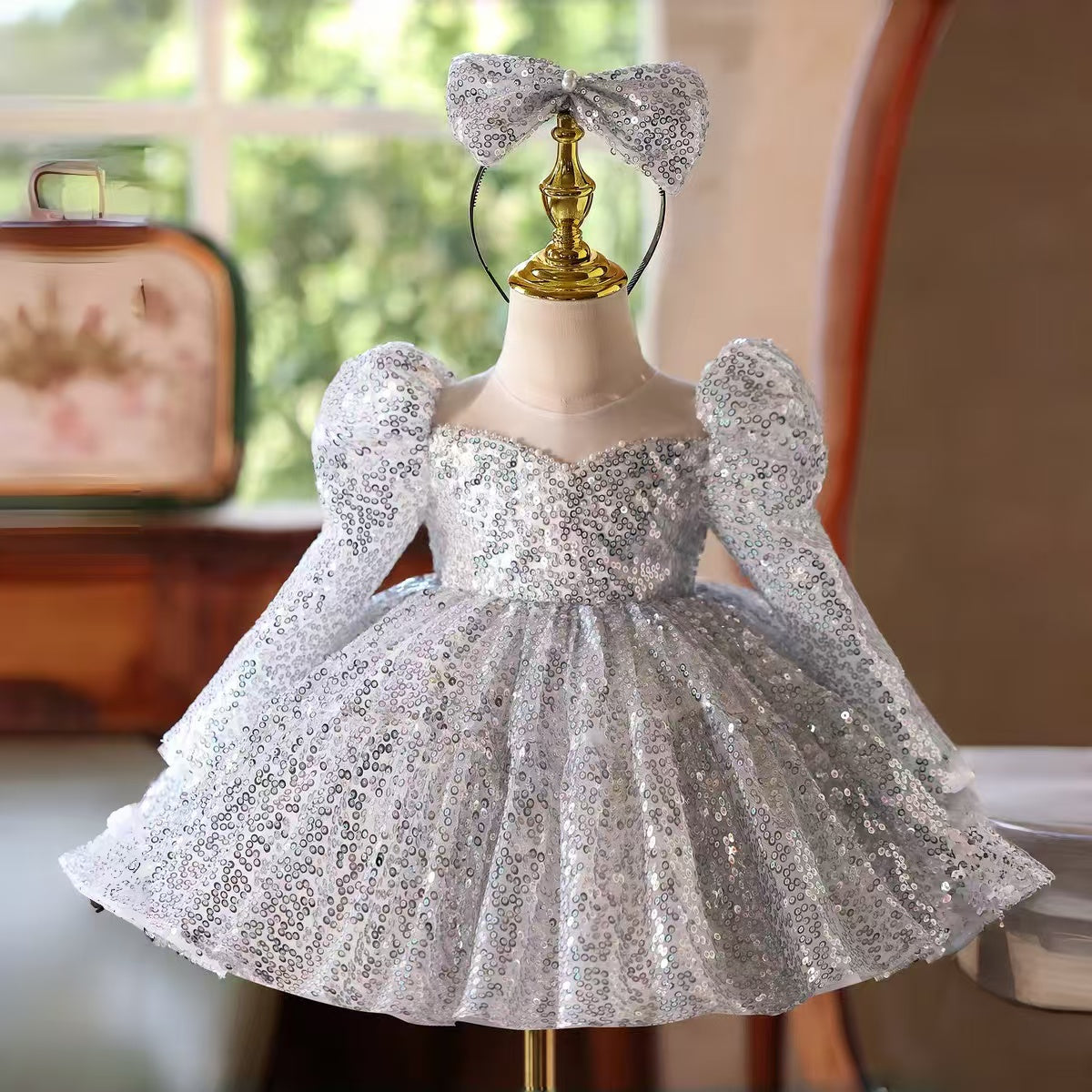 Silver Girl Dress Long Sleeve Princess Birthday Party Gown D185