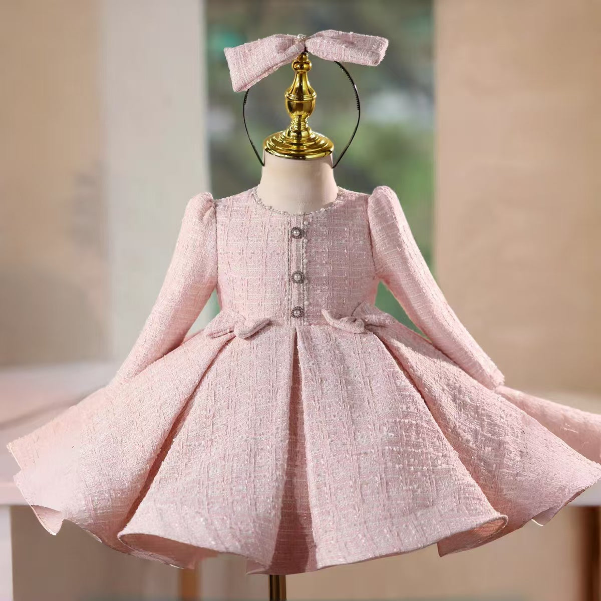 Pink Girl Dress Long Sleeve Knee Length Princess Birthday Gown J718