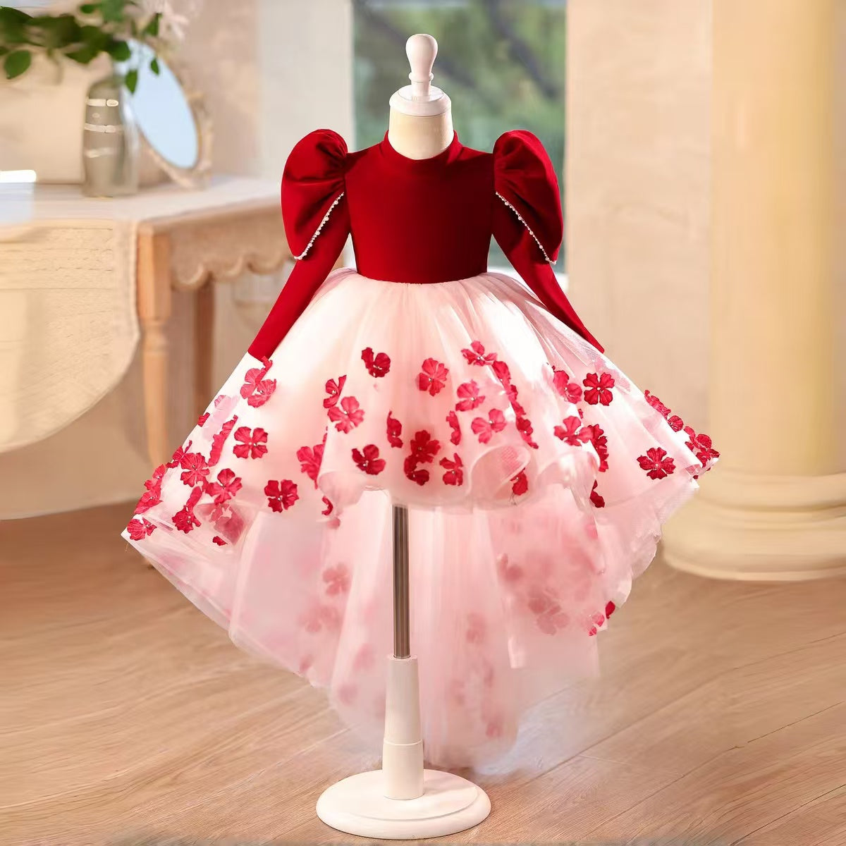 Red Hi-Low Girl Dress Long Sleeve Princess Birthday Party Gown J717