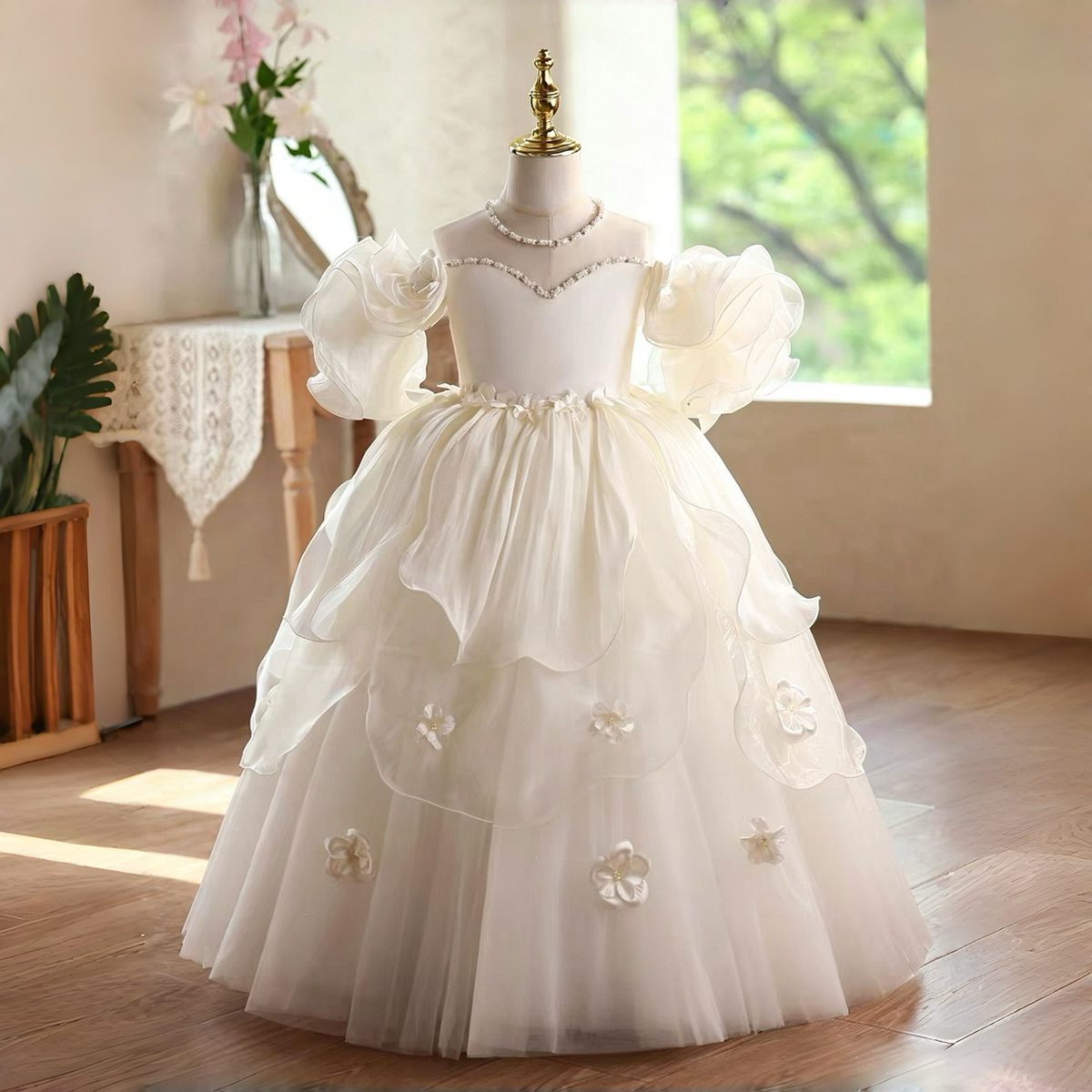 White Flower Girl Dress for Girls Tulle Ball Gown with Tiered Ruffles for Wedding D341