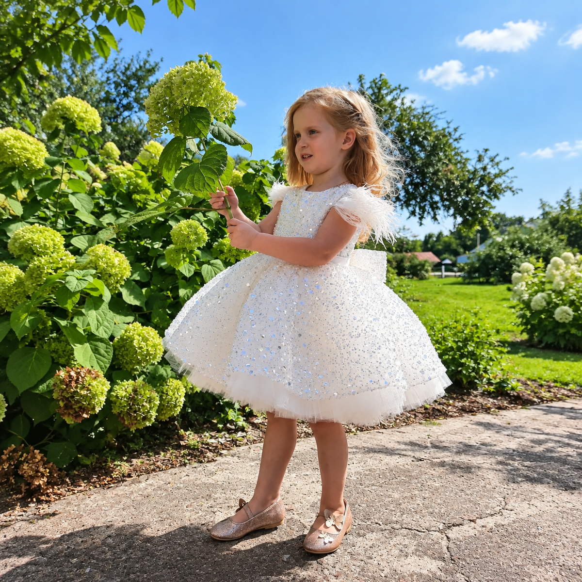 White Sparkly Feather Bow Flower Girl Dress C001