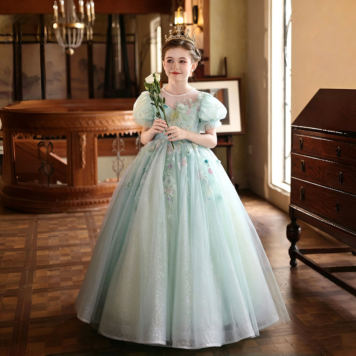 Sage Green Flower Girl Dress for Girls Puff Sleeve Party Dress for Birthday J233