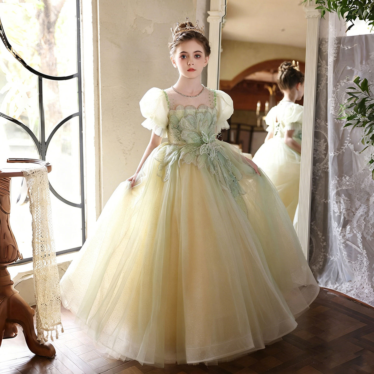 Sage Green Flower Girl Dress for Girls Puff Sleeve Tulle Gown for Birt – Jill Wish