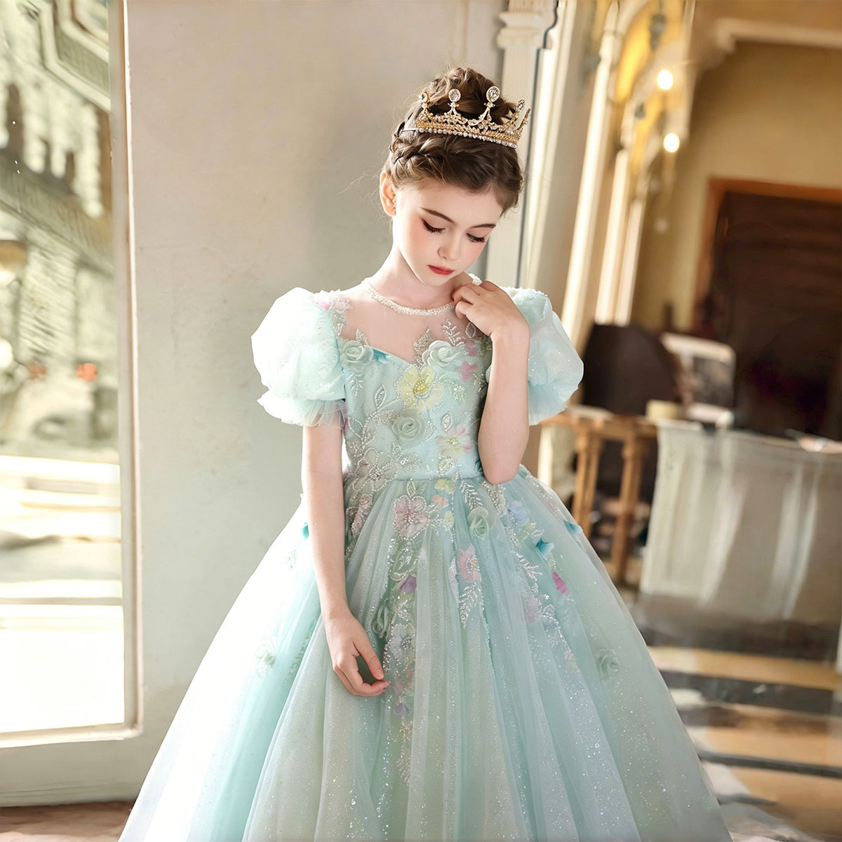sage green flower girl dress Sage Green Embroidered Flower Girl Dress Joy Wedding Store