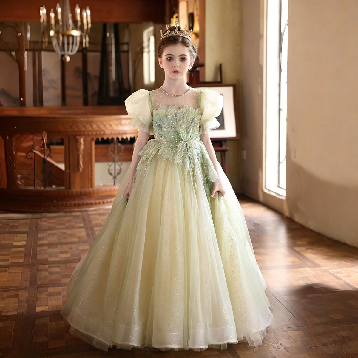 Sage Green Flower Girl Dress for Girls Puff Sleeve Tulle Gown for Birthday J219