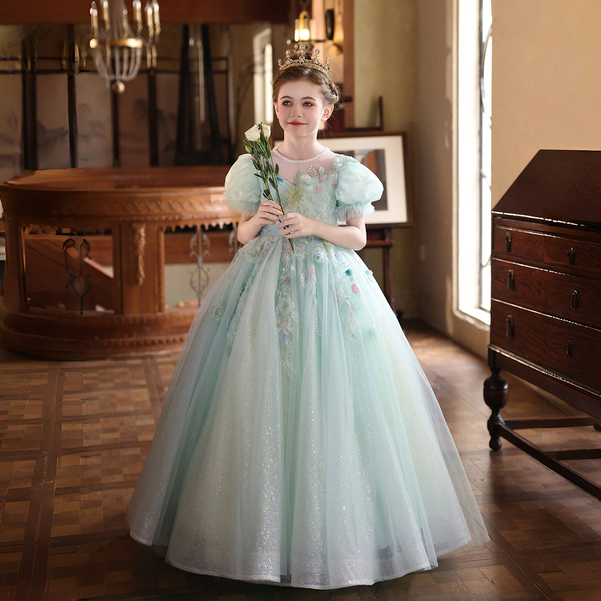sage green flower girl dress Floral Applique Puffy Tulle Flower Girl Dress