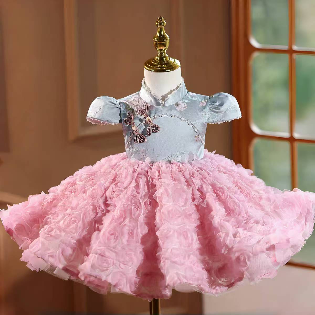 Pink Flower Girl Dress Chinese Style Birthday Party Gown D152