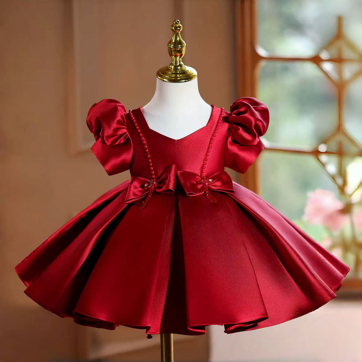 Burgundy Satin Girl Princess Dress Toddler Kids 1st Birthday Party Gown J443