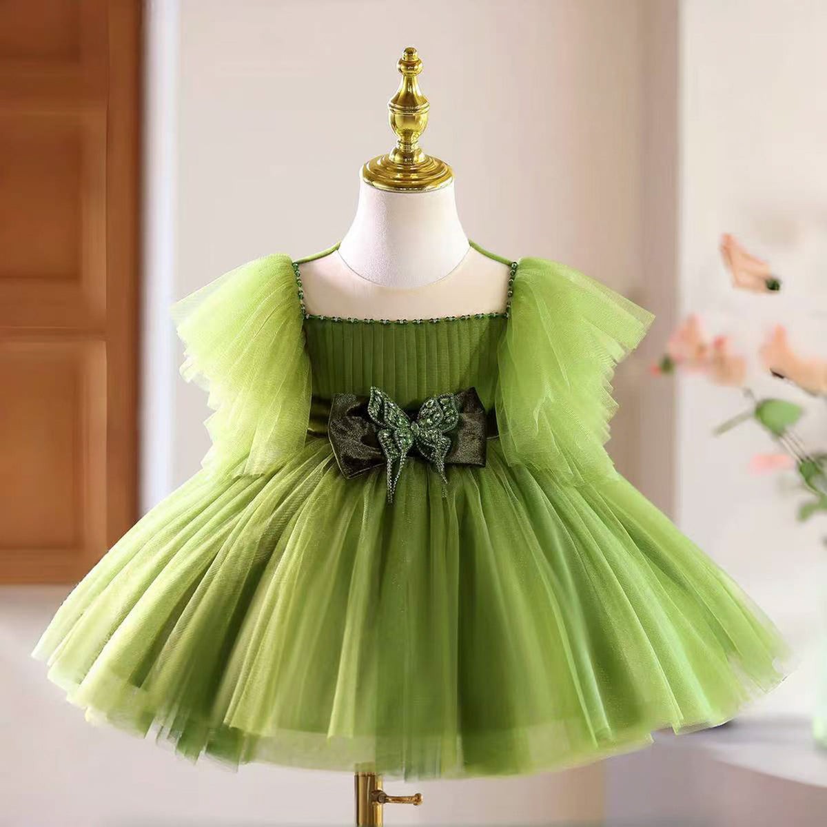 Green Flower Girl Dress Knee Length Birthday Wedding Party D149