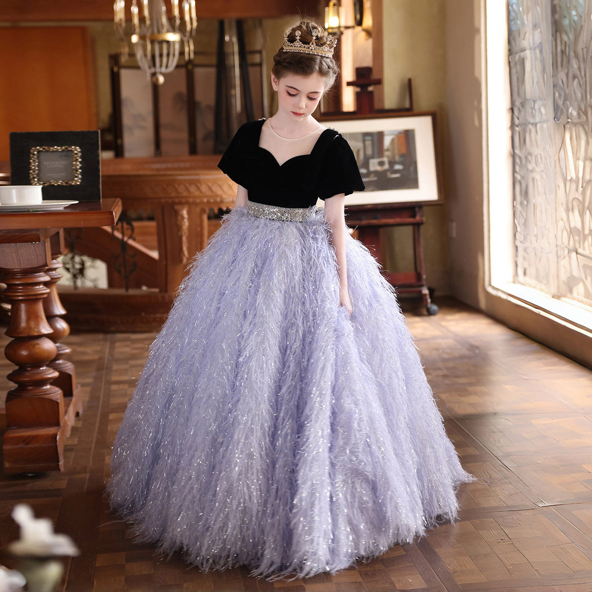 Lilac Flower Girl Dress for Girls Velvet Feather Ball Gown for Wedding J229