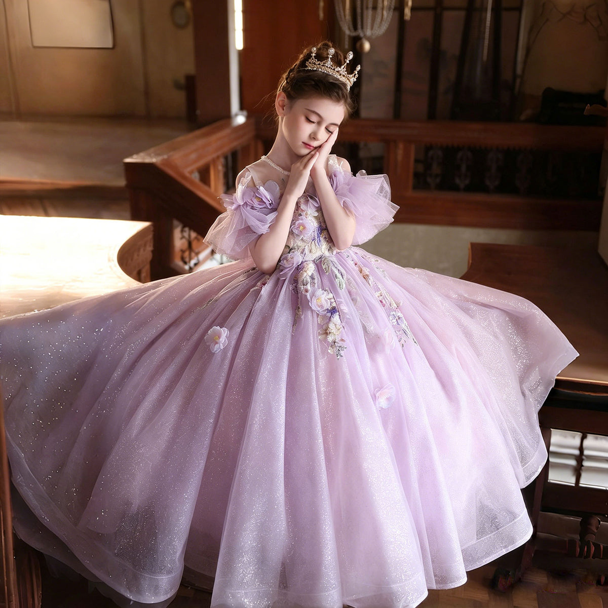 Lilac Flower Girl Dress for Girls Tulle Ball Gown with 3D Flowers for Wedding J222