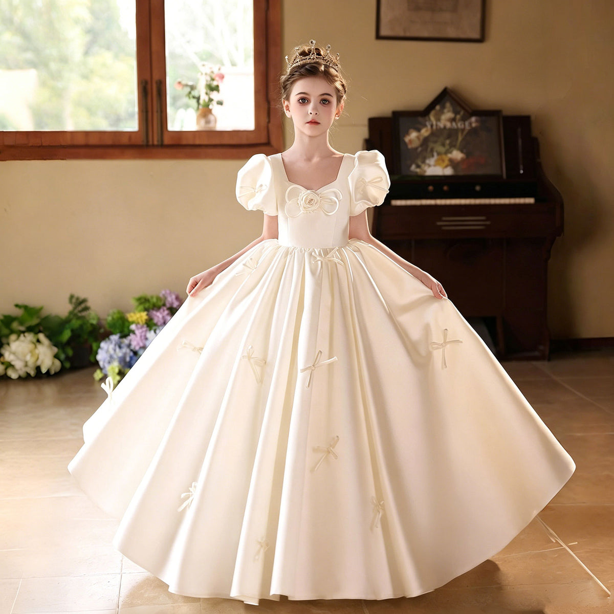 Off White Flower Girl Dress for Girls Satin Ball Gown with Bowknot for Wedding J228