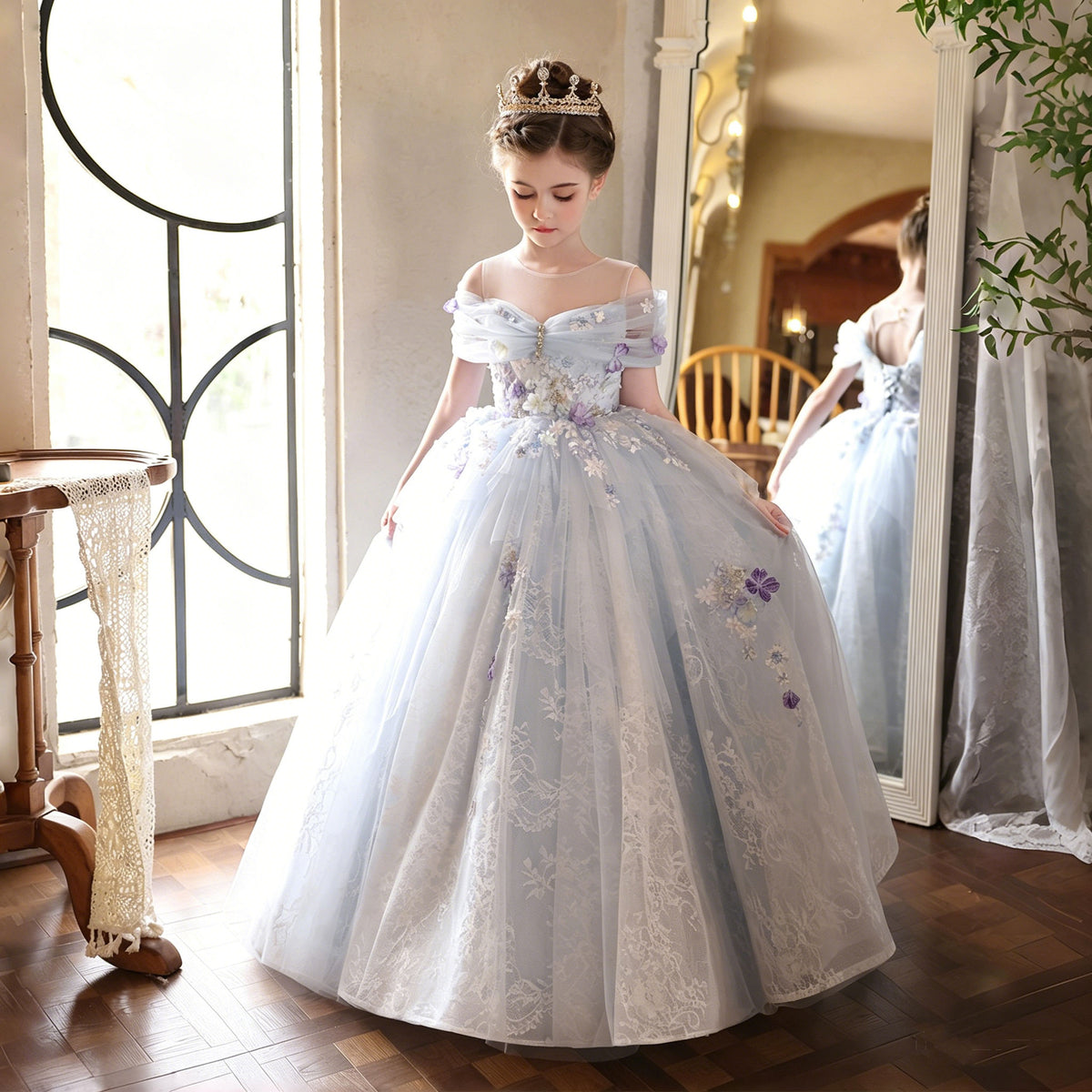 Blue Flower Girl Dress for Girls Off Shoulder Tulle Party Dress for Ceremony J236