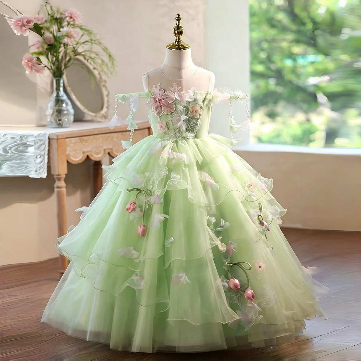 Sage Green Flower Girl Dress for Girls Layered Tulle Gown with Floral Details for Birthday D343
