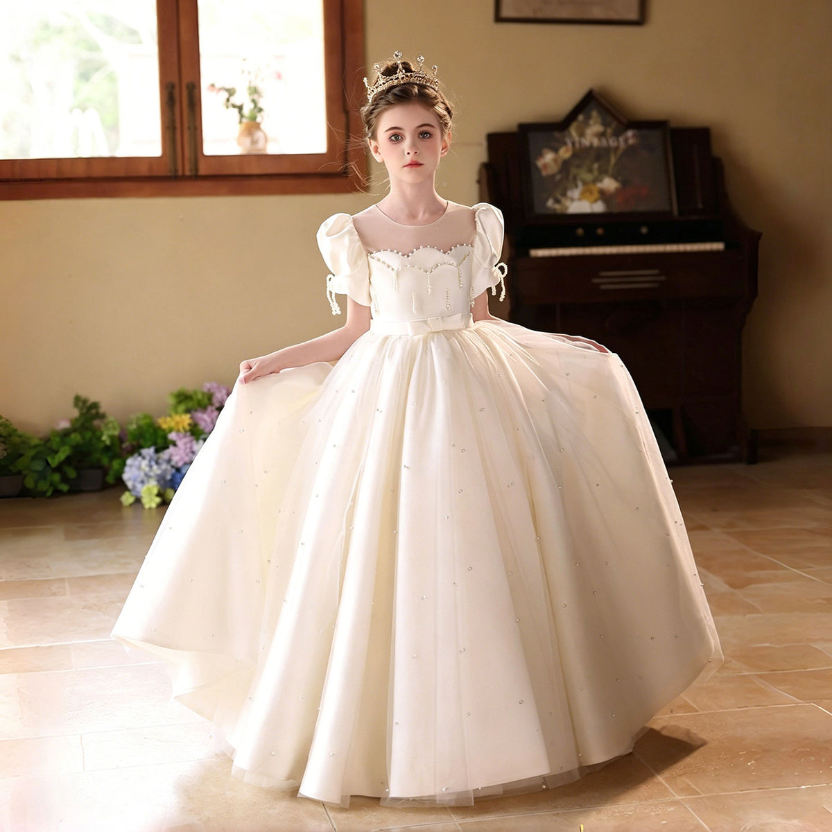 White Flower Girl Dress for Girls Tulle Ball Gown with Pearl Details for Wedding J231