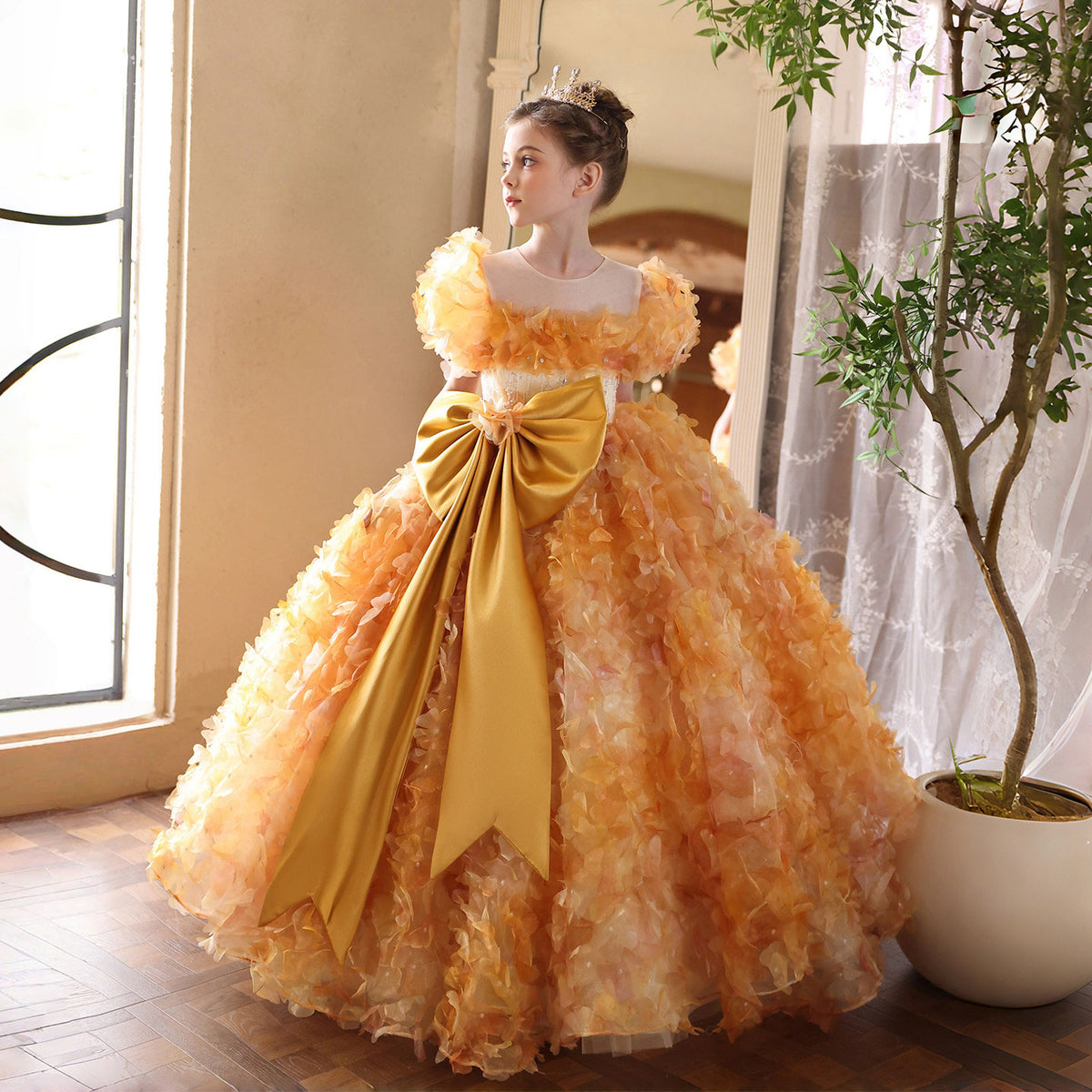 Orange Gold Flower Girl Dress for Girls Big Bow Gown for Party J248 – Jill Wish
