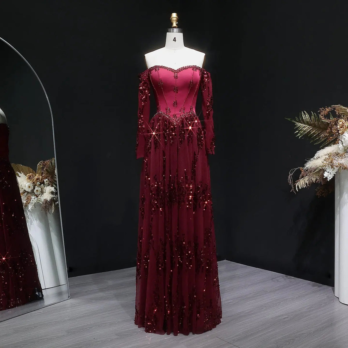 Luxurious Off-the-Shoulder Evening Dress with Boned Corset and Sheer Long Sleeves SS628