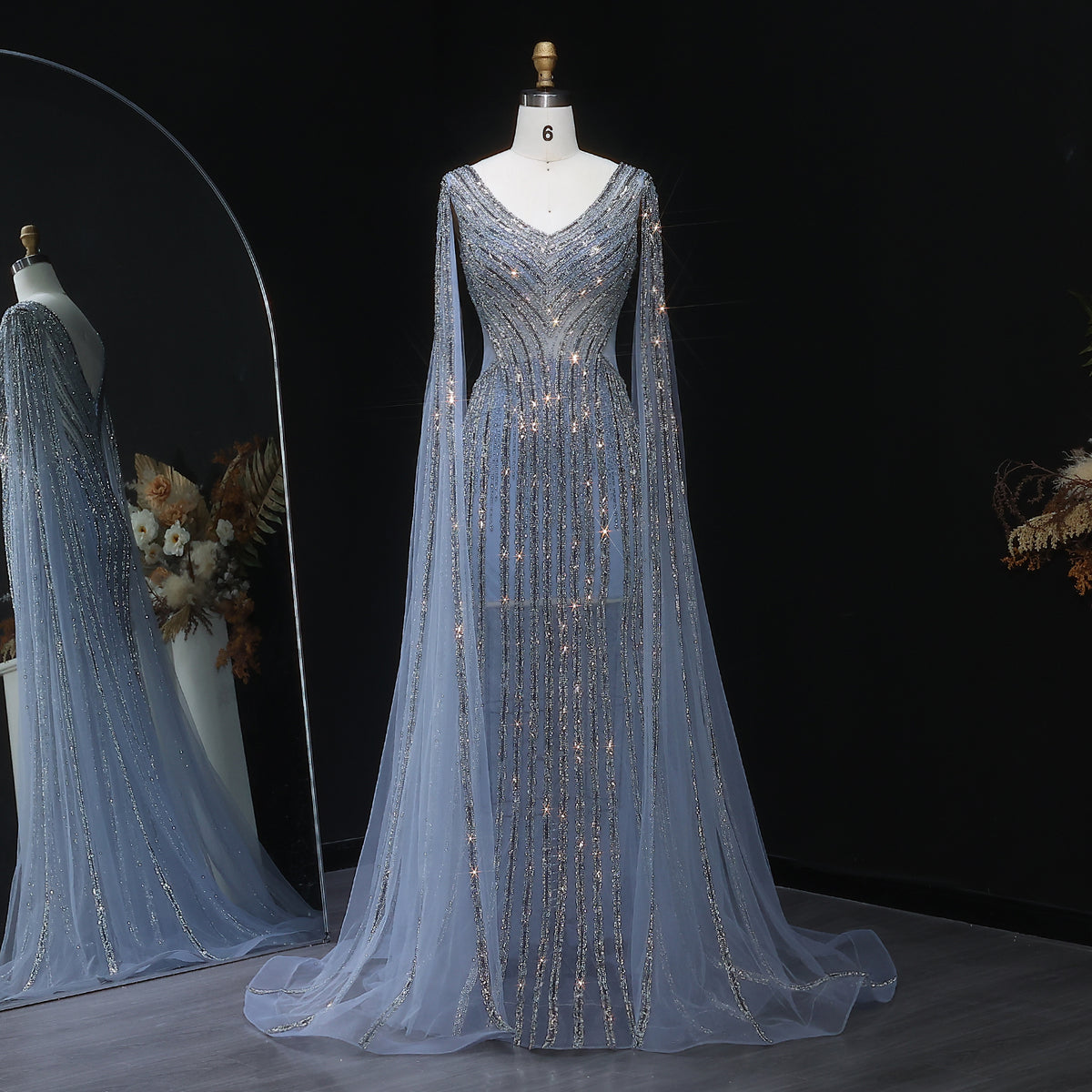 Blue Mermaid Evening Dress with Cape Sleeves SS251