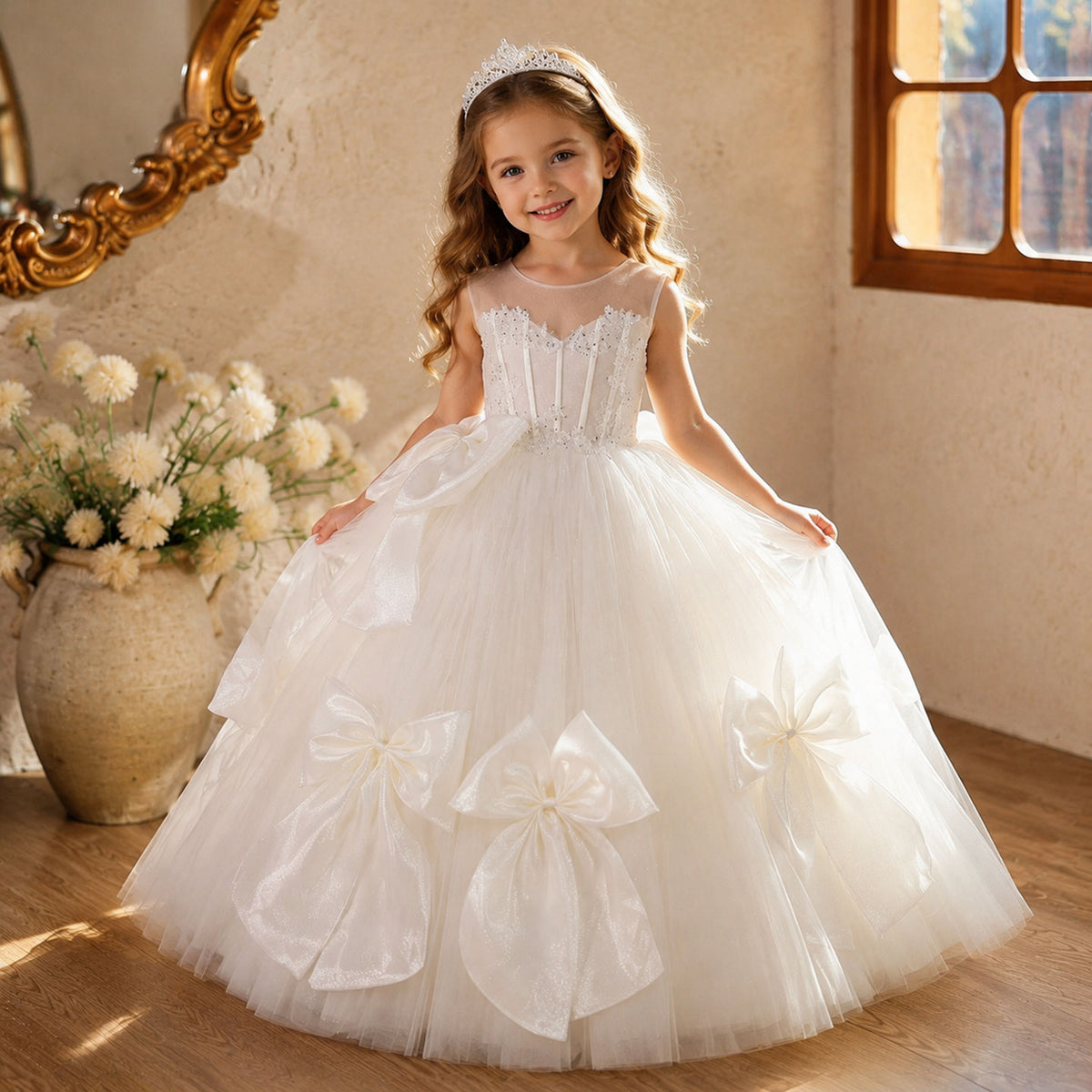 White Flower Girl Dress for Girls Giant Bow Tulle Party Dress for Wedding D363
