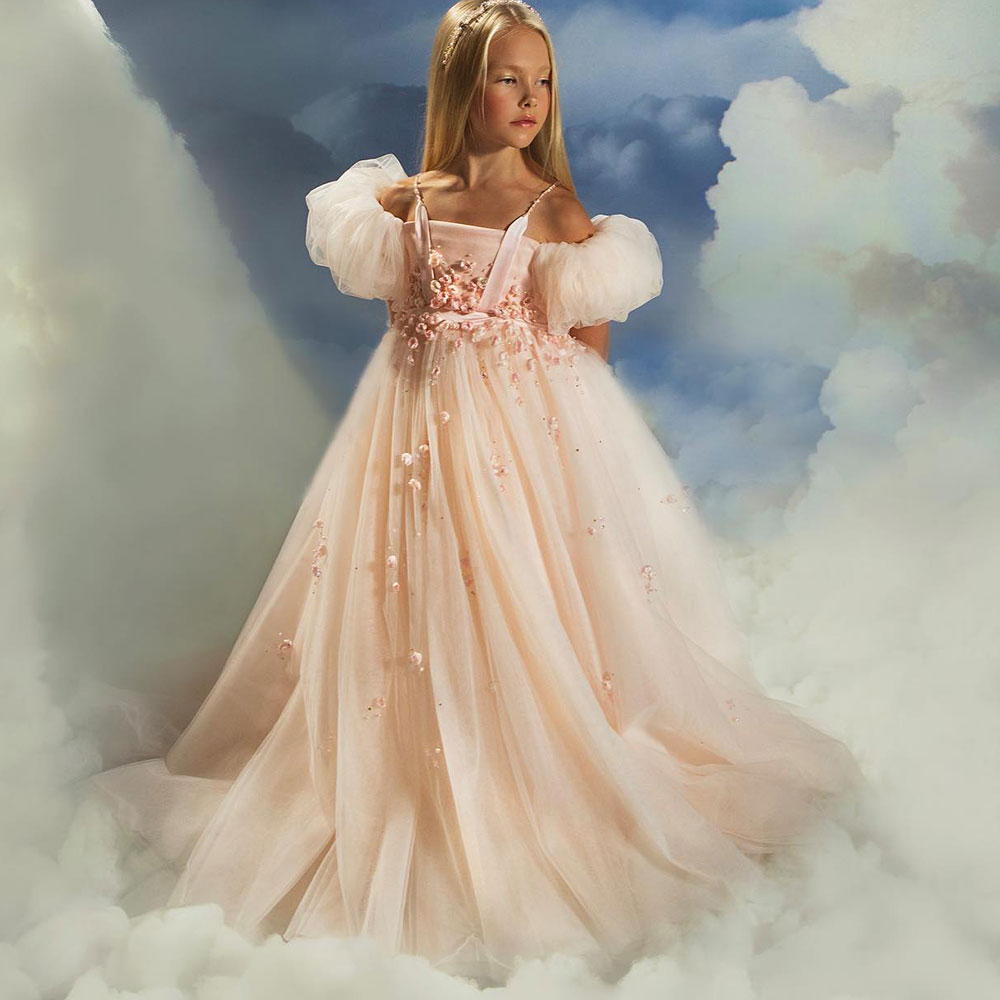 Luxury Girl Dress Handmade Flowers Pink Kids J313