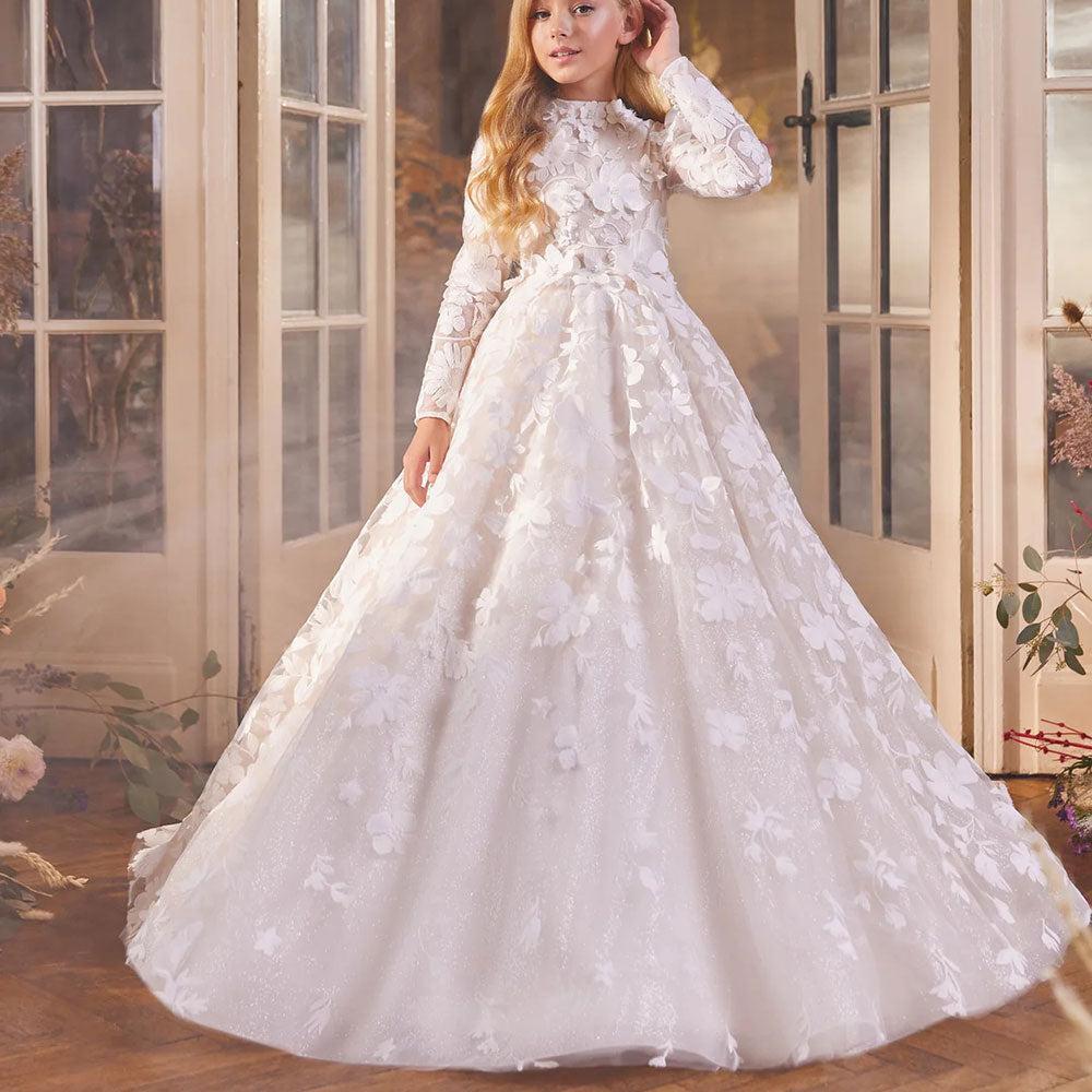 Jill Wish Luxury White Girl Dress 3D Flowers Princess Dubai Kids J293