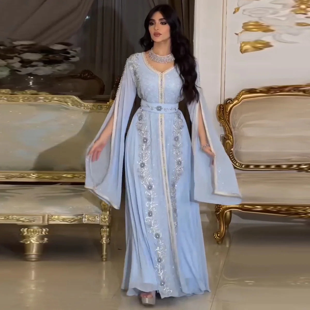 Luxury Dubai Moroccan Kaftan Blue Evening Dresses SS404
