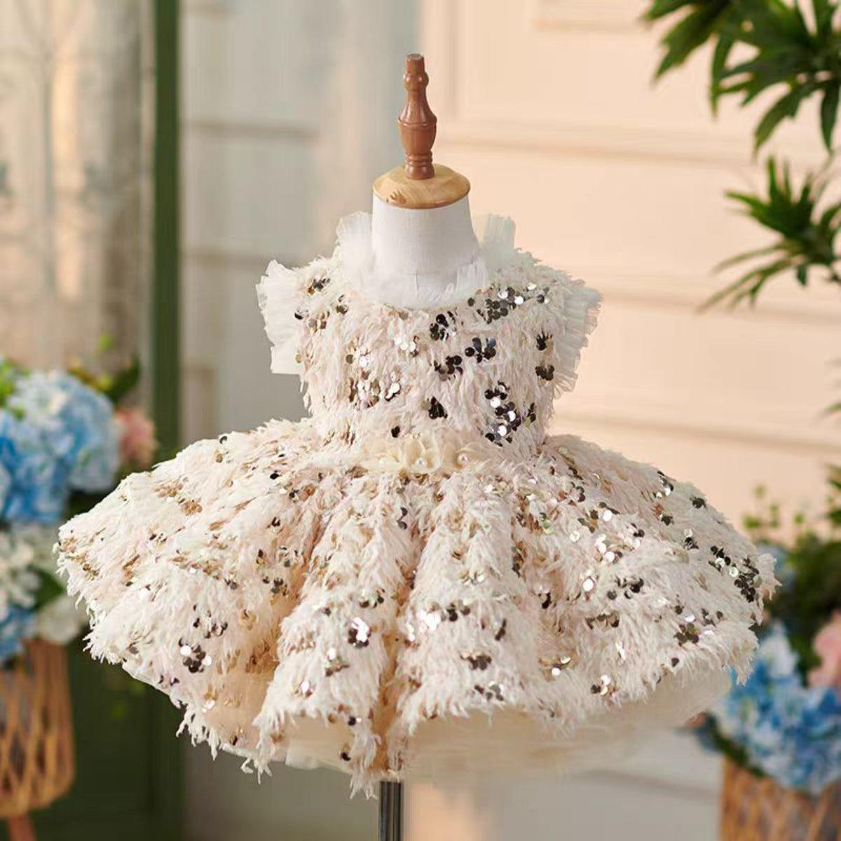 Flower Girl Dress Feather for Kids Wedding Birthday Party Gown J739