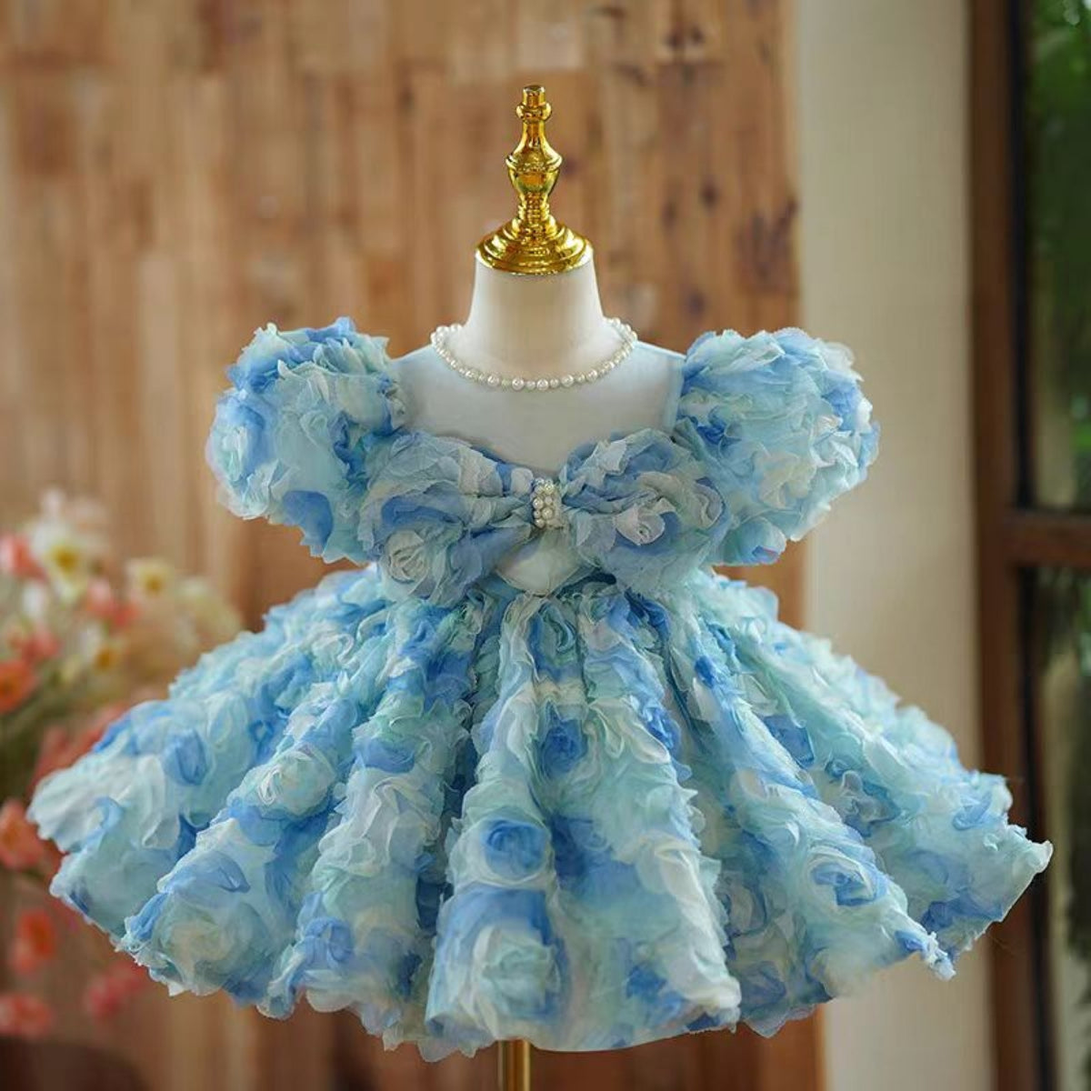 Blue Flower Girl Dress Kid Toddler Birthday Princess Gown J744