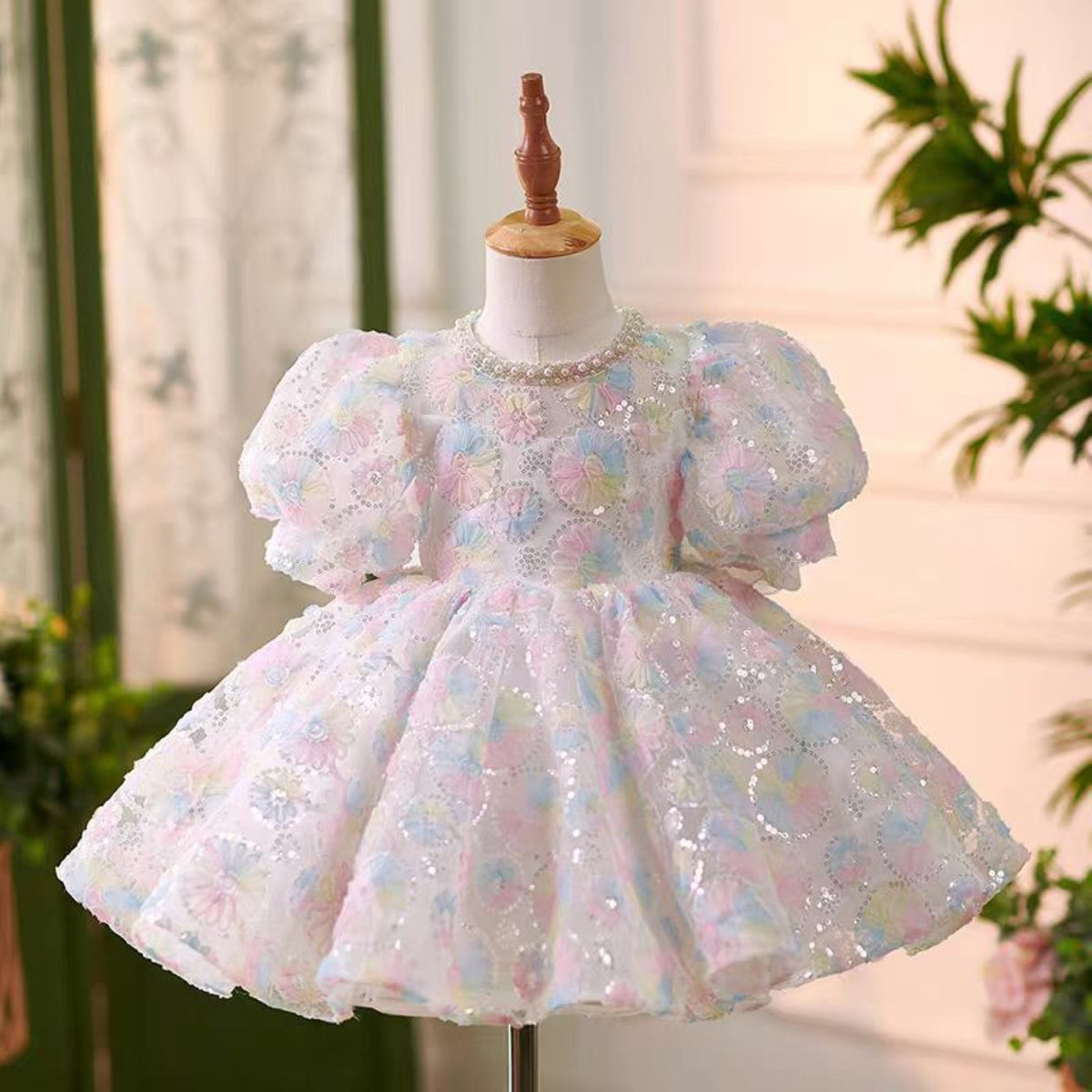 Jill Cute O-Neck Sequined Pearl Flower Girl Dress With Bow J745