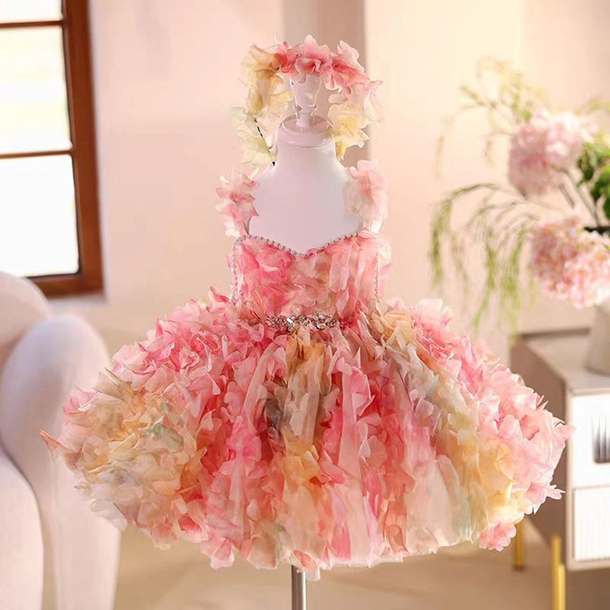 Jill Elegant And Cute Pearl Embellished Sling Tulle Pink Flower Girl Dress D084