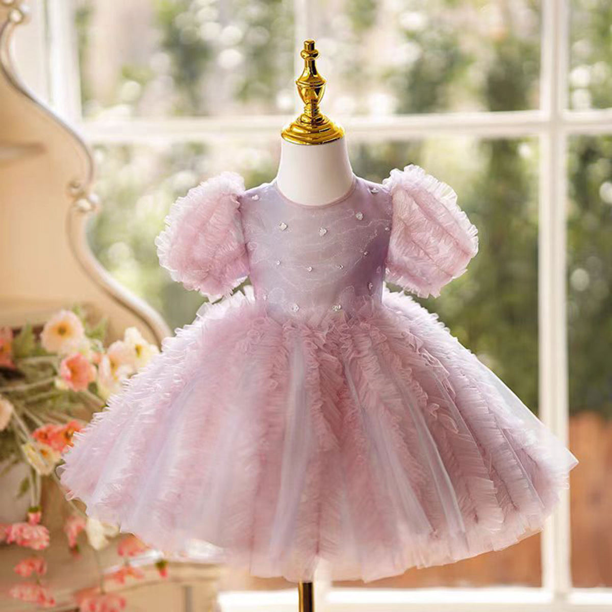 Jill O-Neck Applique Tulle Flower Girl Dress Short Sleeve Pink J795