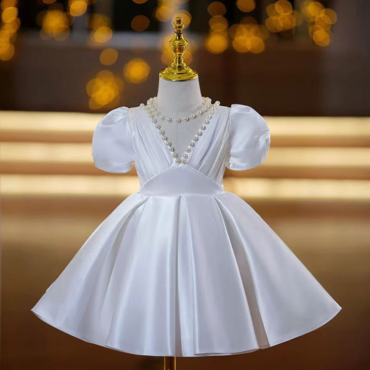 Jill Elegant V-Neck Pearl Satin Flower Girl Dress Short Sleeve J797