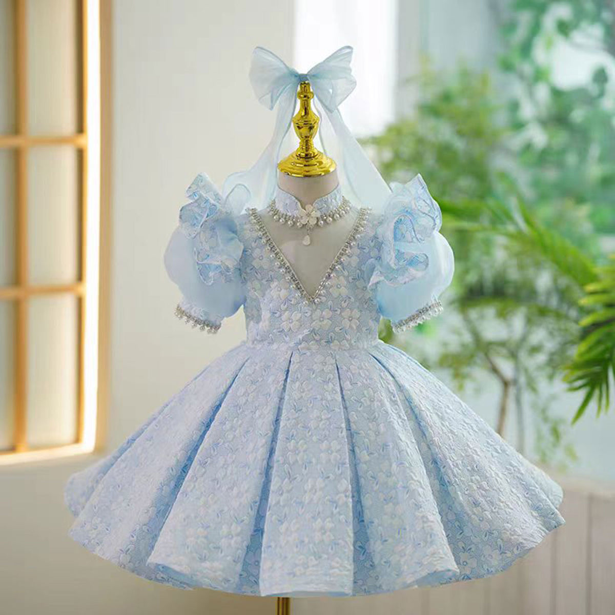 Jill V-Neck Pearl Lace Baby Girl Dress With Flower Pattern Blue J799