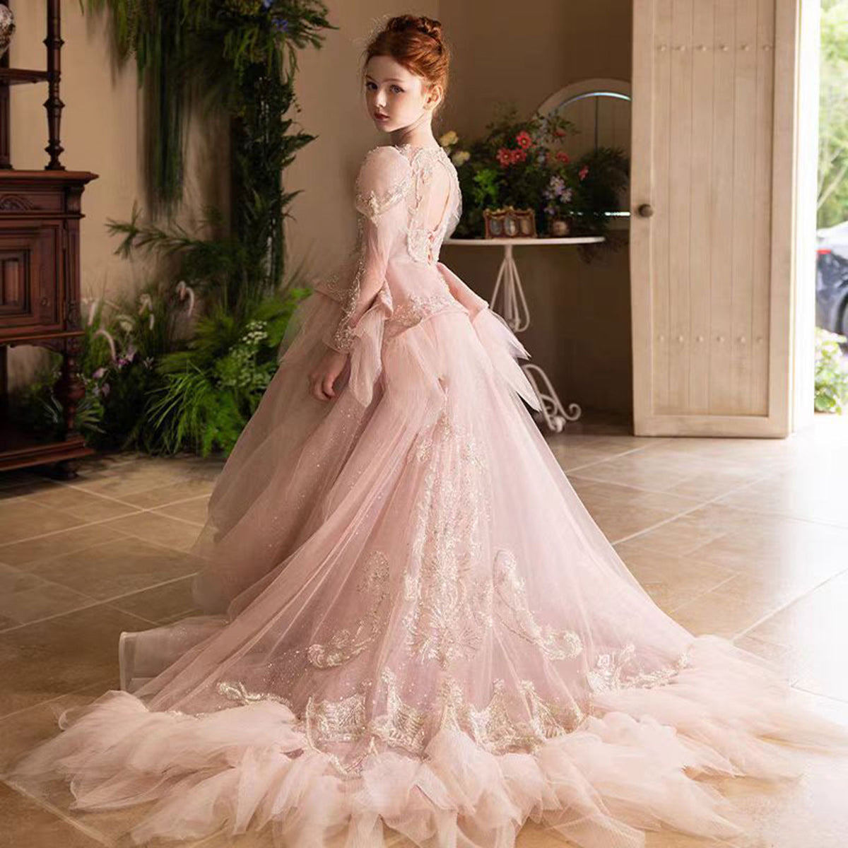Jill Luxury V-Neck Beaded Flower Girl Long Dress J056