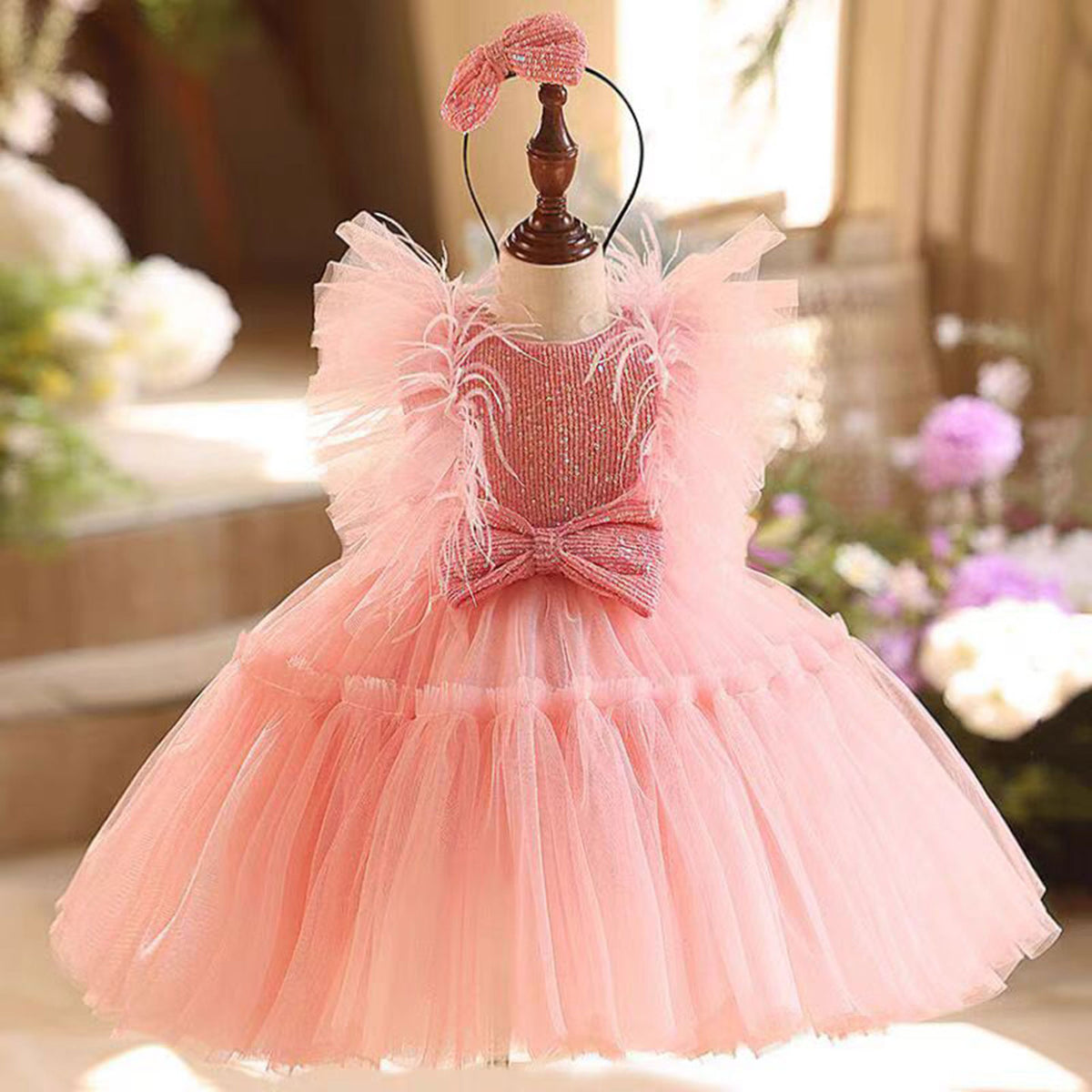 Jill Graceful Tulle Girl Dress With Bow Sleeveless Pink J826