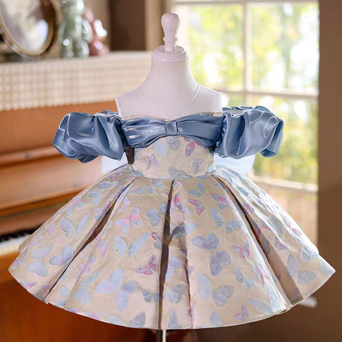 Jill Cute Off-Shoulder designed Satin Flower Girl Dress With Butterfly Pattern J719