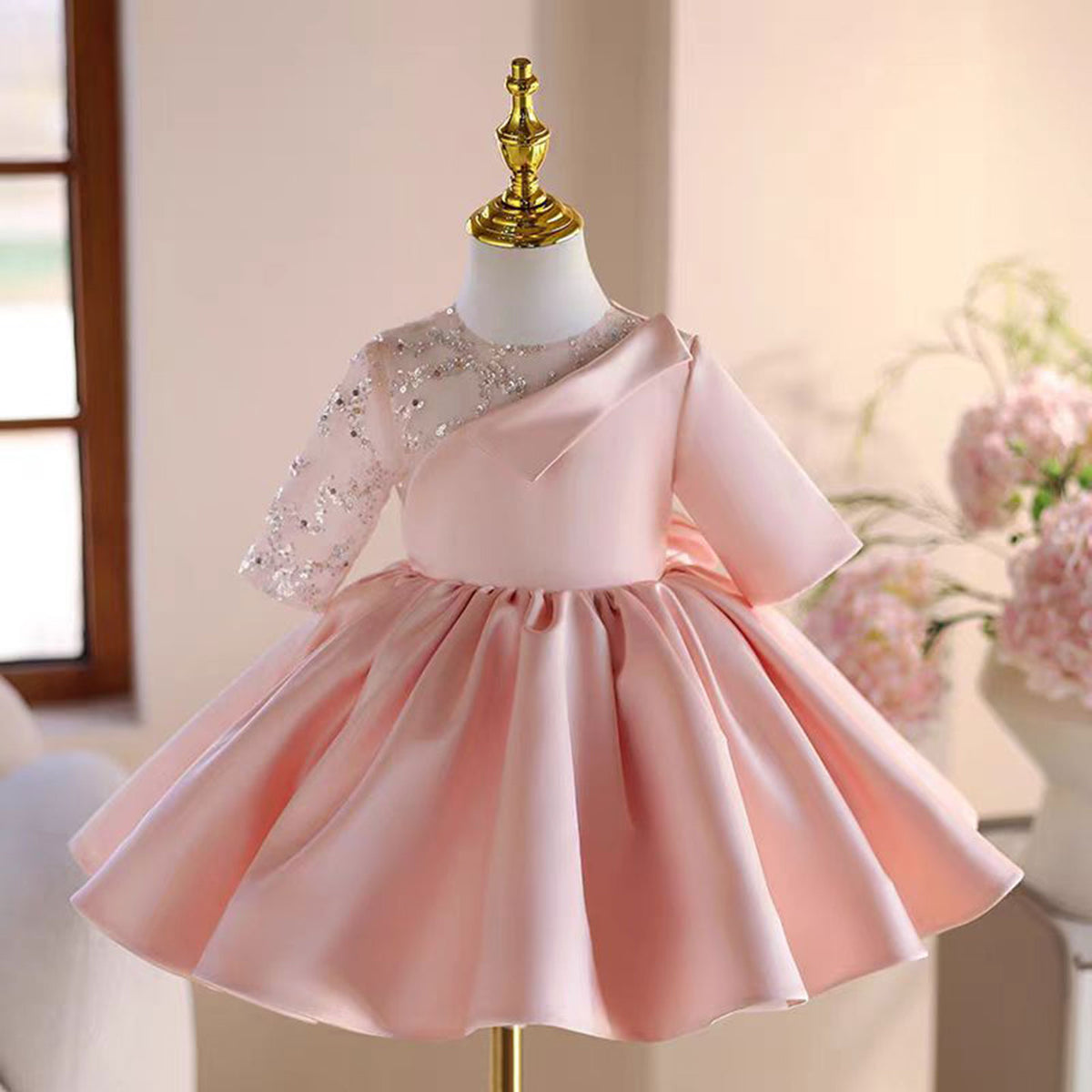 Jill Charming Applique Satin Tulle Splicing Girl Dress With Bow J502